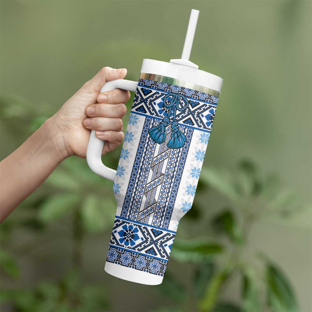 Ukraine Tumbler With Handle Traditional Braided Rope Belt Blue Folk Pattern