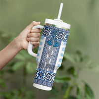 Ukraine Tumbler With Handle Traditional Braided Rope Belt Blue Folk Pattern