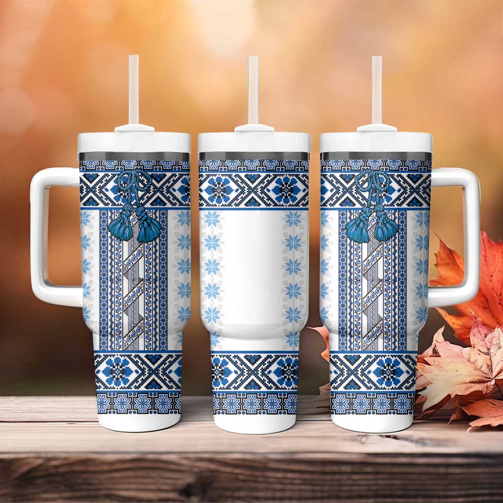 Ukraine Tumbler With Handle Traditional Braided Rope Belt Blue Folk Pattern