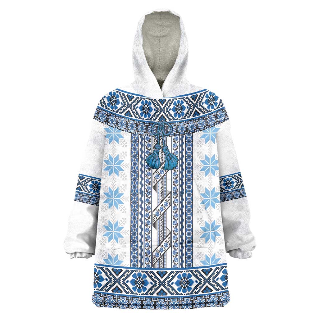 Ukraine Wearable Blanket Hoodie Traditional Braided Rope Belt Blue Folk Pattern