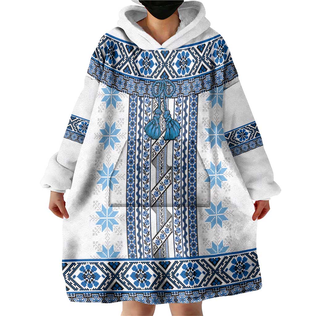 Ukraine Wearable Blanket Hoodie Traditional Braided Rope Belt Blue Folk Pattern