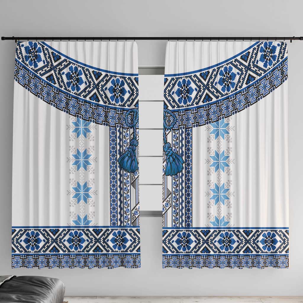 Ukraine Window Curtain Traditional Braided Rope Belt Blue Folk Pattern