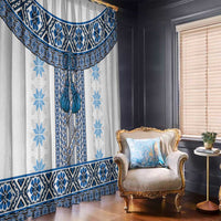 Ukraine Window Curtain Traditional Braided Rope Belt Blue Folk Pattern