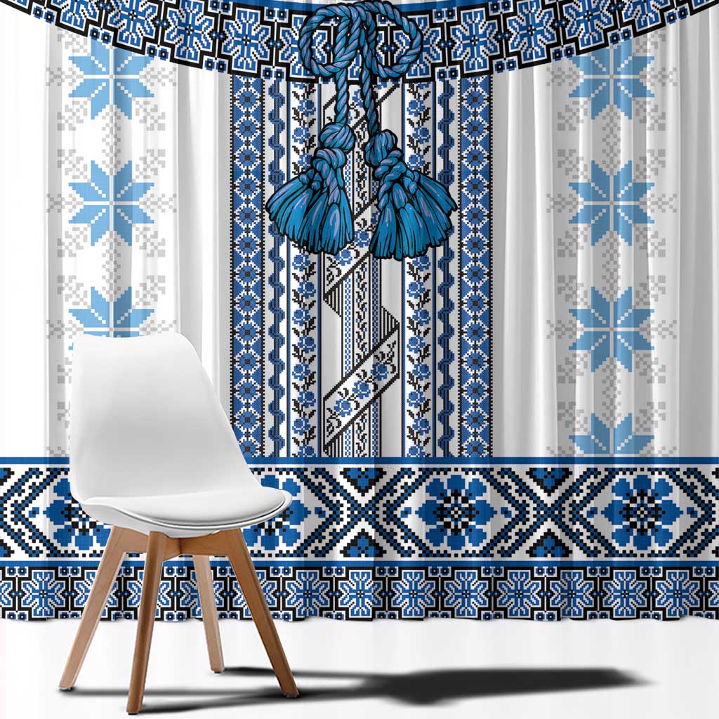 Ukraine Window Curtain Traditional Braided Rope Belt Blue Folk Pattern