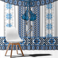 Ukraine Window Curtain Traditional Braided Rope Belt Blue Folk Pattern