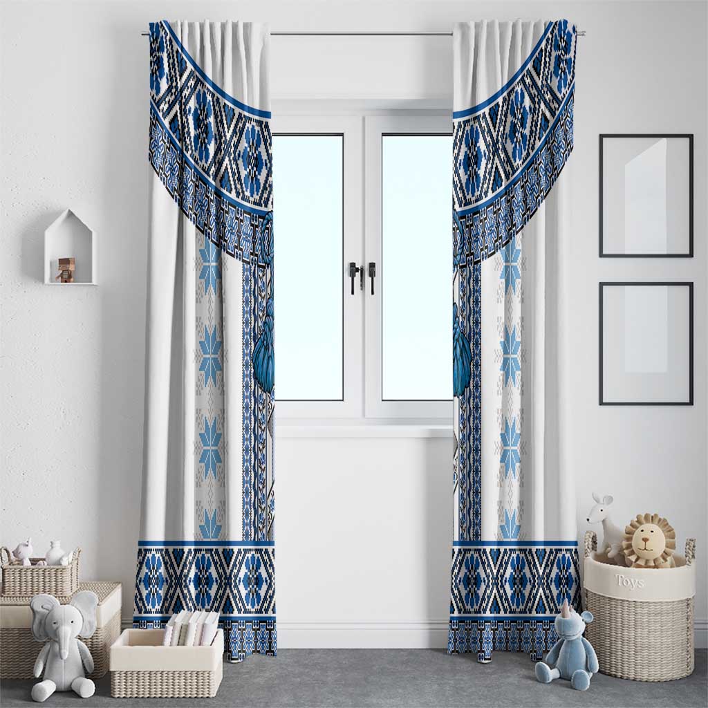 Ukraine Window Curtain Traditional Braided Rope Belt Blue Folk Pattern