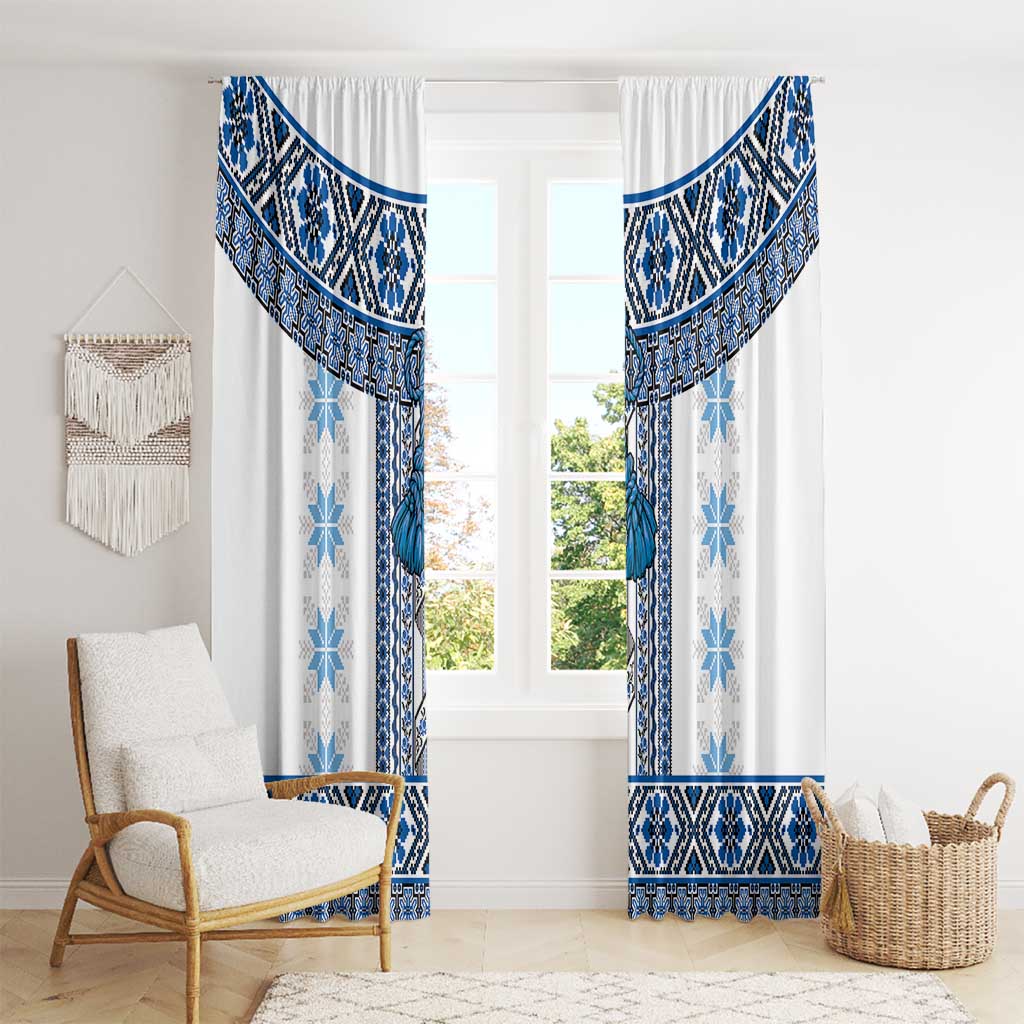 Ukraine Window Curtain Traditional Braided Rope Belt Blue Folk Pattern