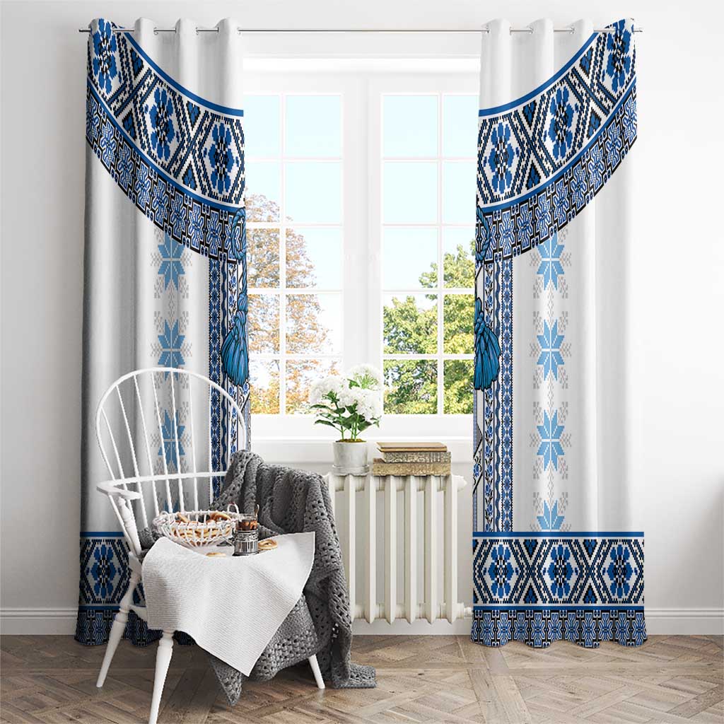 Ukraine Window Curtain Traditional Braided Rope Belt Blue Folk Pattern