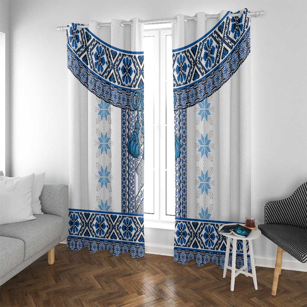 Ukraine Window Curtain Traditional Braided Rope Belt Blue Folk Pattern