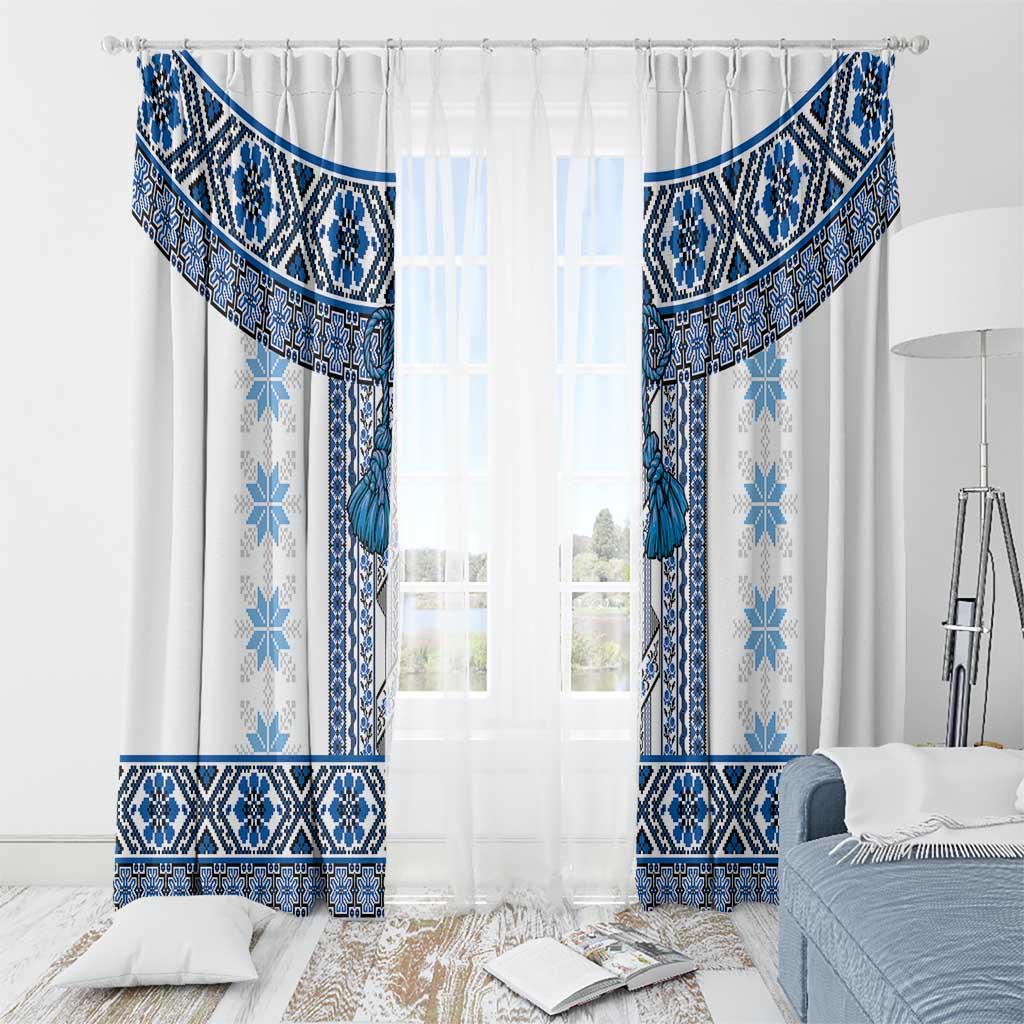 Ukraine Window Curtain Traditional Braided Rope Belt Blue Folk Pattern