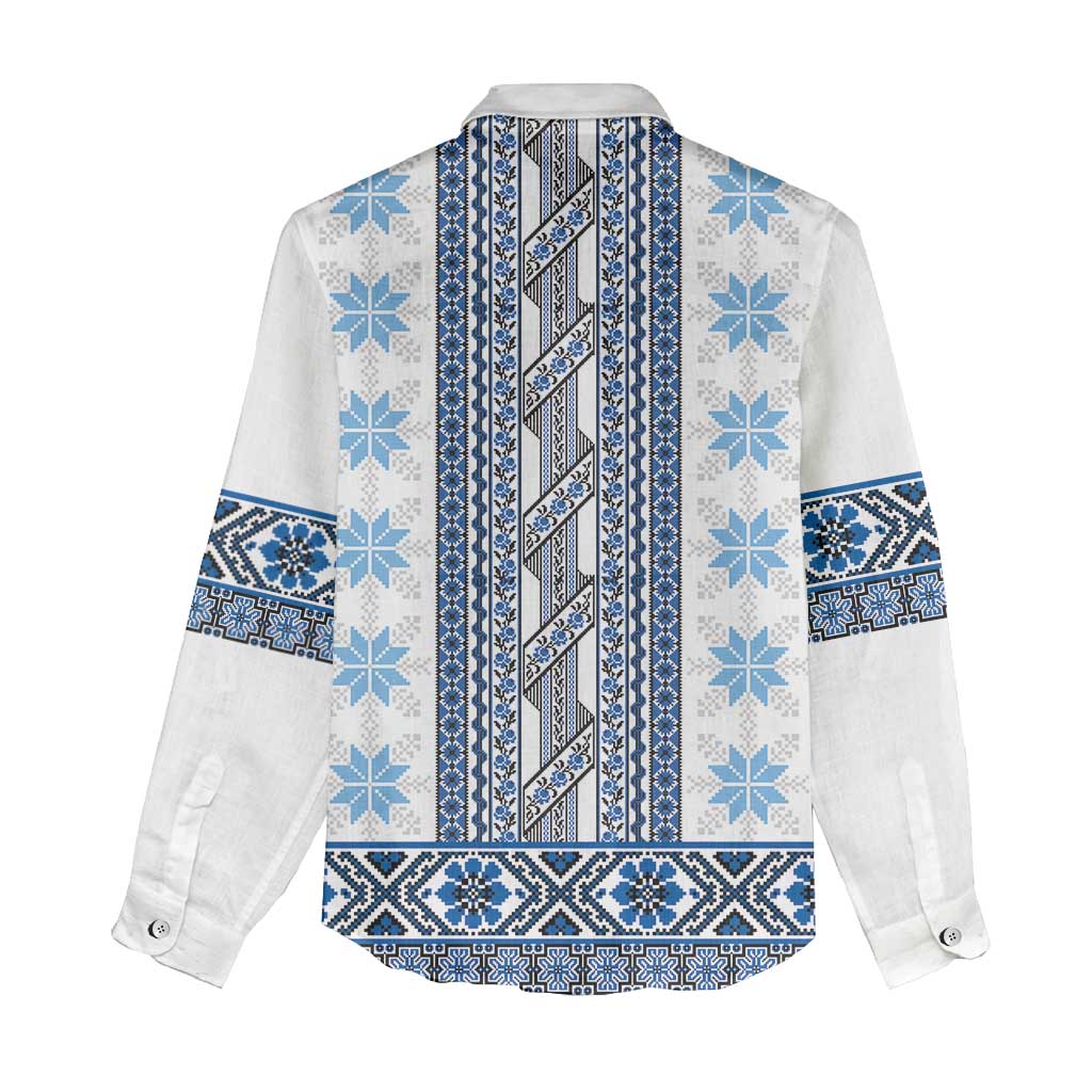 Ukraine Women Casual Shirt Traditional Braided Rope Belt Blue Folk Pattern