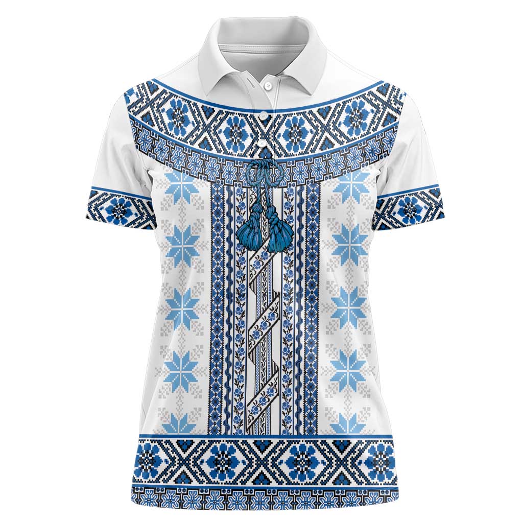 Ukraine Women Polo Shirt Traditional Braided Rope Belt Blue Folk Pattern