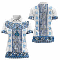 Ukraine Women Polo Shirt Traditional Braided Rope Belt Blue Folk Pattern