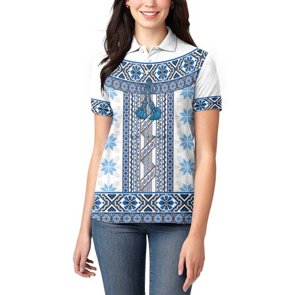 Ukraine Women Polo Shirt Traditional Braided Rope Belt Blue Folk Pattern