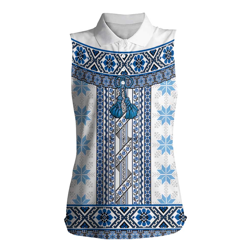 Ukraine Women Sleeveless Polo Shirt Traditional Braided Rope Belt Blue Folk Pattern
