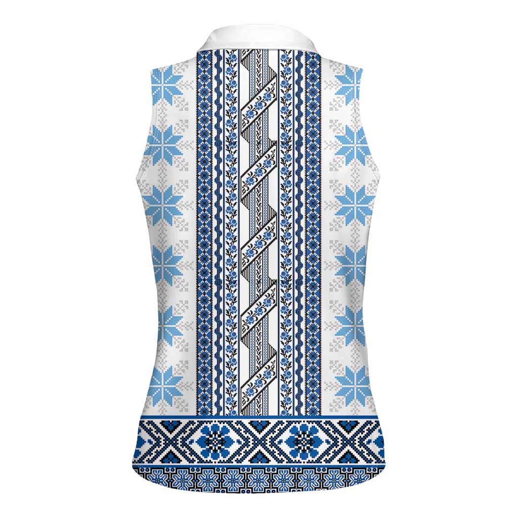 Ukraine Women Sleeveless Polo Shirt Traditional Braided Rope Belt Blue Folk Pattern