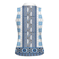 Ukraine Women Sleeveless Polo Shirt Traditional Braided Rope Belt Blue Folk Pattern