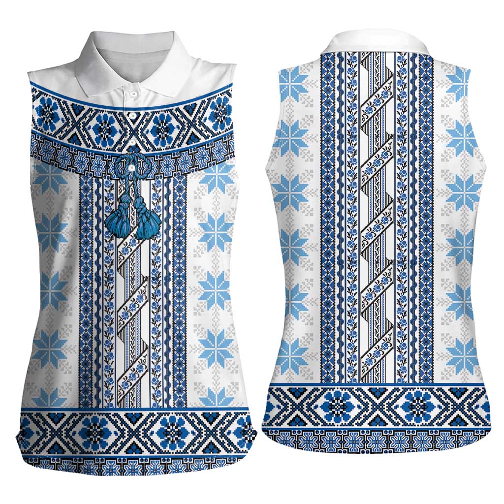 Ukraine Women Sleeveless Polo Shirt Traditional Braided Rope Belt Blue Folk Pattern