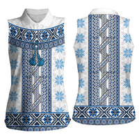 Ukraine Women Sleeveless Polo Shirt Traditional Braided Rope Belt Blue Folk Pattern