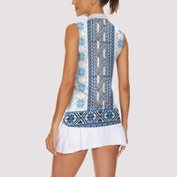 Ukraine Women Sleeveless Polo Shirt Traditional Braided Rope Belt Blue Folk Pattern
