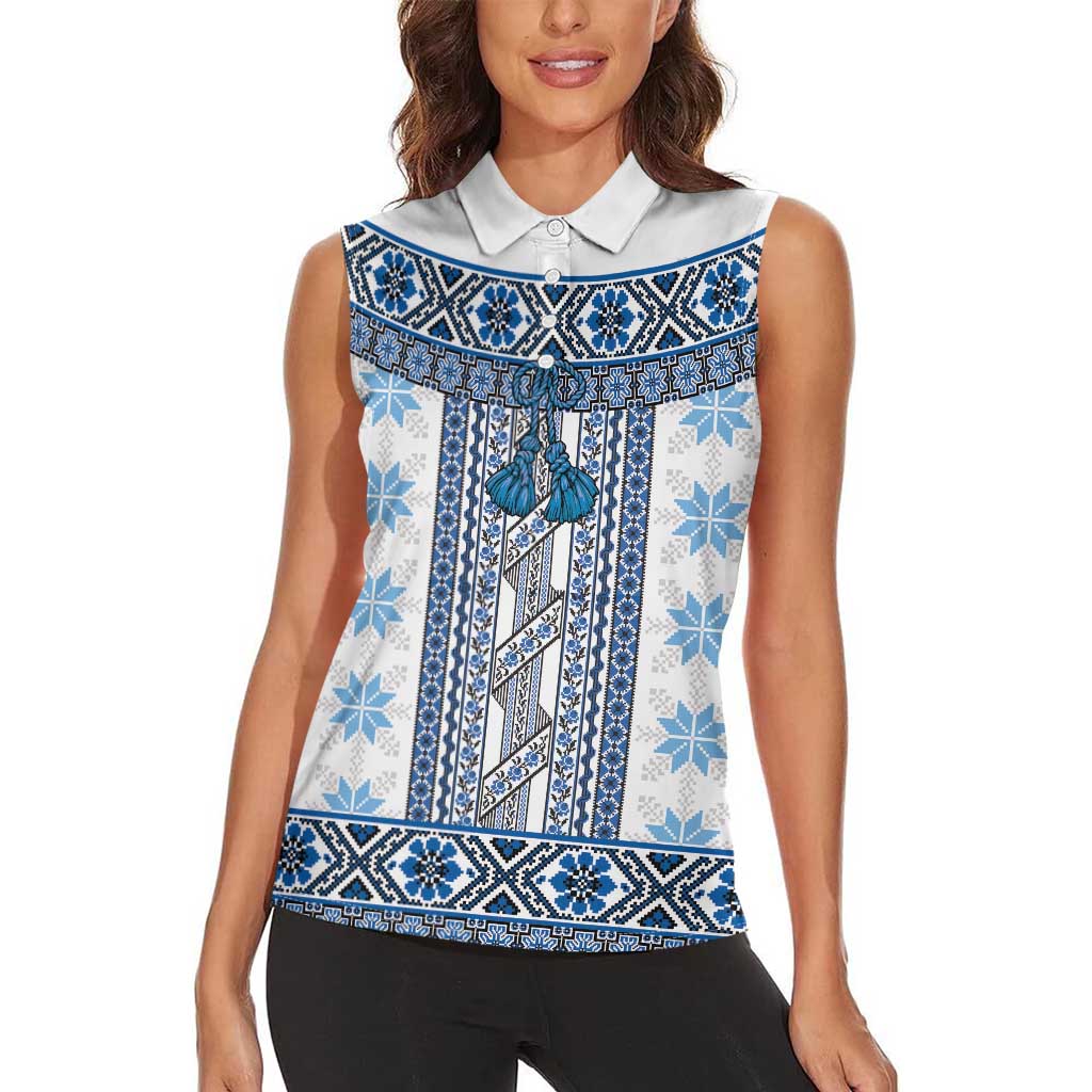 Ukraine Women Sleeveless Polo Shirt Traditional Braided Rope Belt Blue Folk Pattern