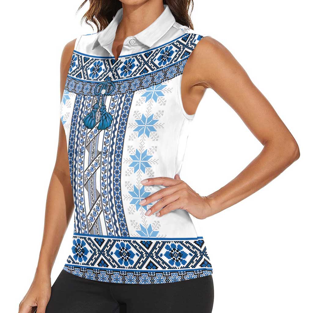 Ukraine Women Sleeveless Polo Shirt Traditional Braided Rope Belt Blue Folk Pattern
