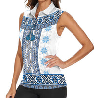 Ukraine Women Sleeveless Polo Shirt Traditional Braided Rope Belt Blue Folk Pattern