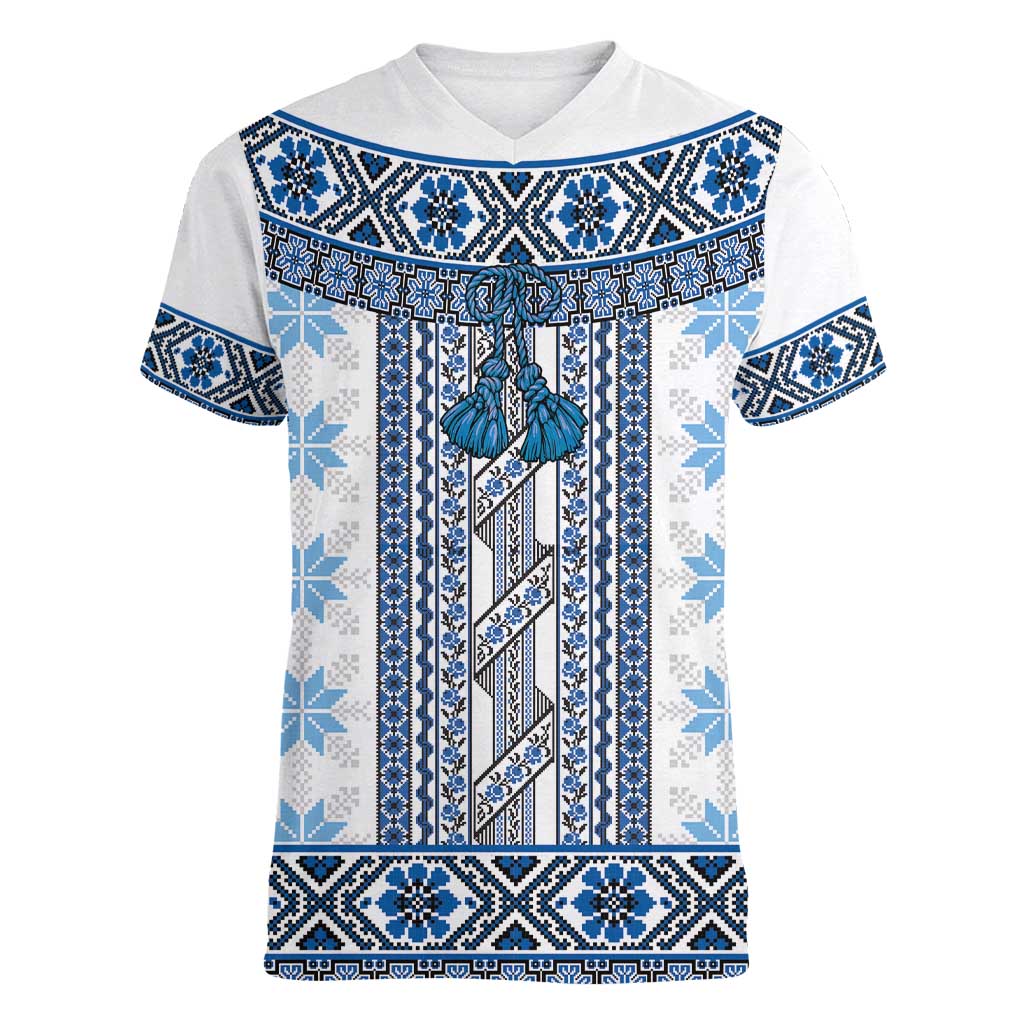 Ukraine Women V-Neck T-Shirt Traditional Braided Rope Belt Blue Folk Pattern