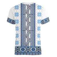 Ukraine Women V-Neck T-Shirt Traditional Braided Rope Belt Blue Folk Pattern