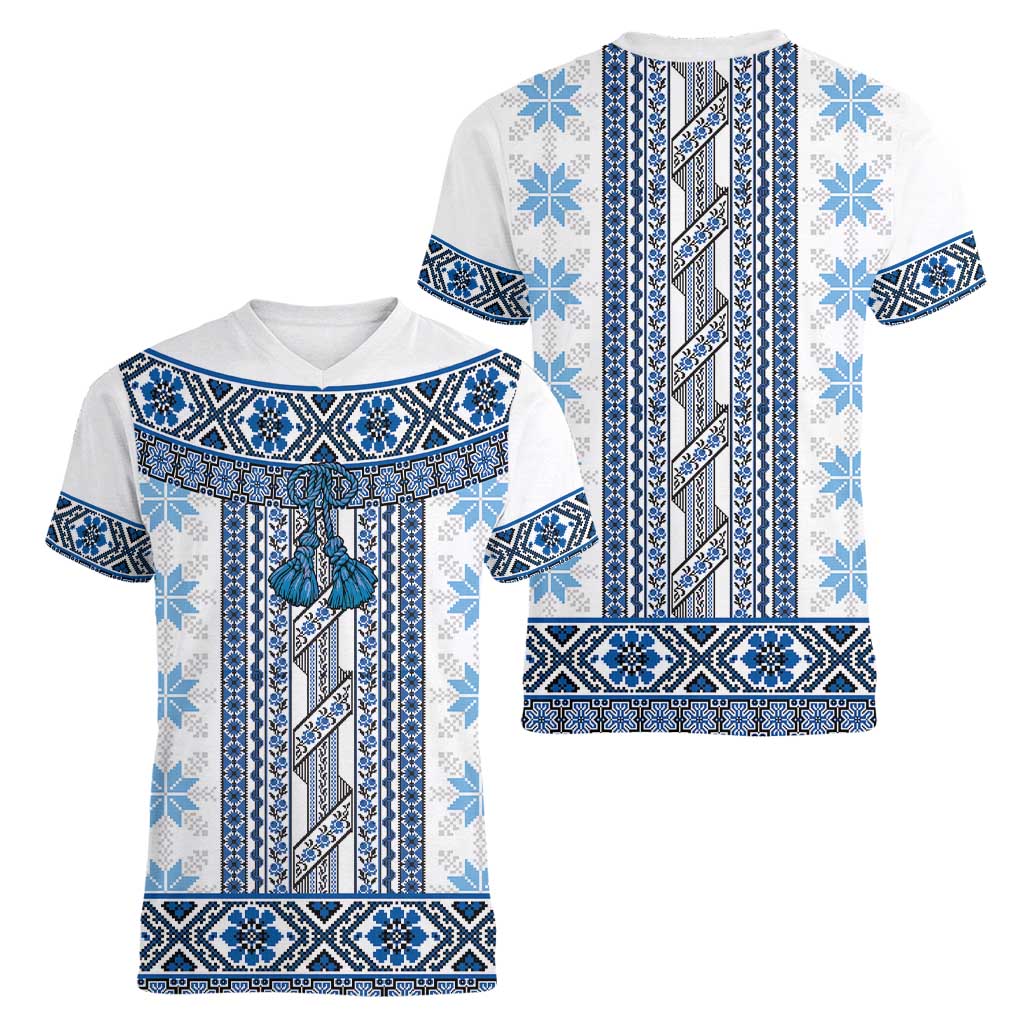 Ukraine Women V-Neck T-Shirt Traditional Braided Rope Belt Blue Folk Pattern