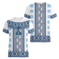 Ukraine Women V-Neck T-Shirt Traditional Braided Rope Belt Blue Folk Pattern