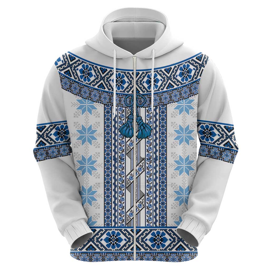 Ukraine Zip Hoodie Traditional Braided Rope Belt Blue Folk Pattern