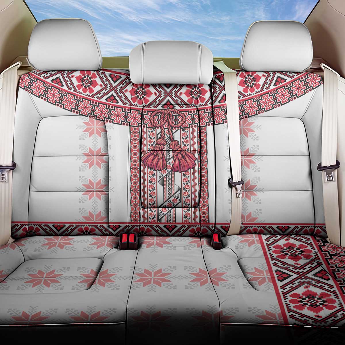 Ukraine Back Car Seat Cover Traditional Braided Rope Belt Red Folk Pattern