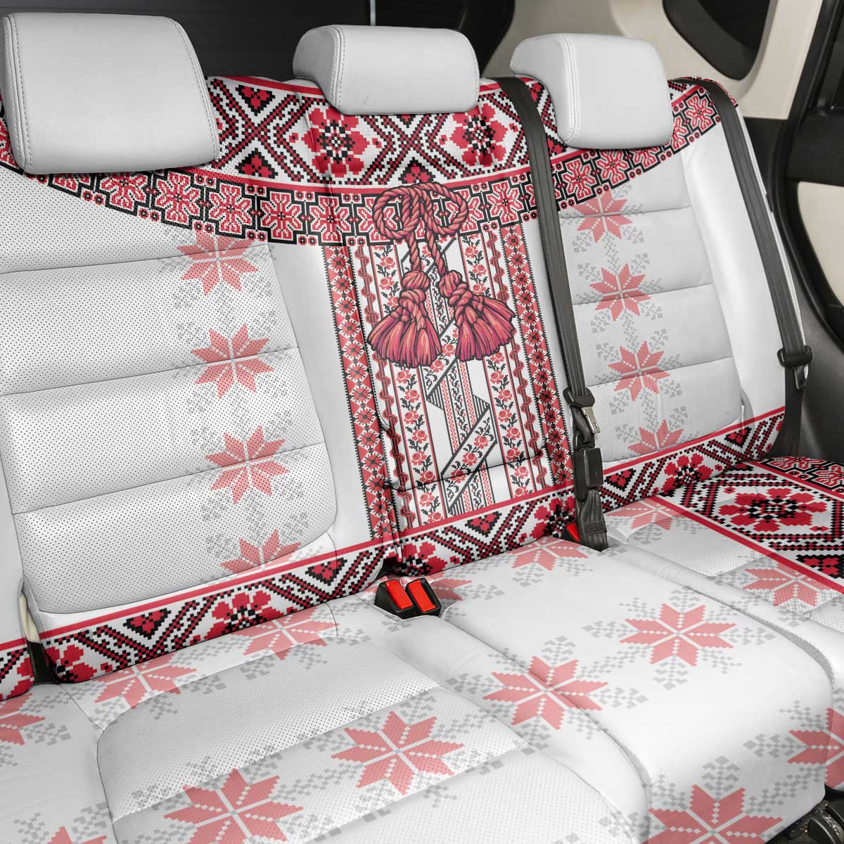 Ukraine Back Car Seat Cover Traditional Braided Rope Belt Red Folk Pattern