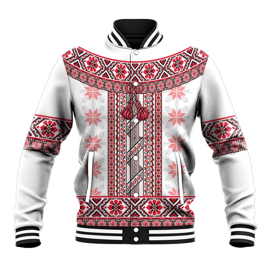 Ukraine Baseball Jacket Traditional Braided Rope Belt Red Folk Pattern