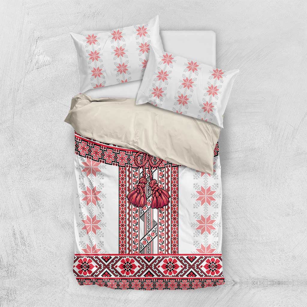 Ukraine Bedding Set Traditional Braided Rope Belt Red Folk Pattern