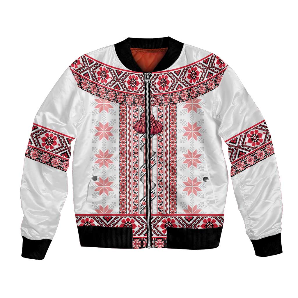 Ukraine Bomber Jacket Traditional Braided Rope Belt Red Folk Pattern