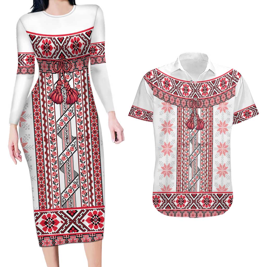 Ukraine Couples Matching Long Sleeve Bodycon Dress and Hawaiian Shirt Traditional Braided Rope Belt Red Folk Pattern