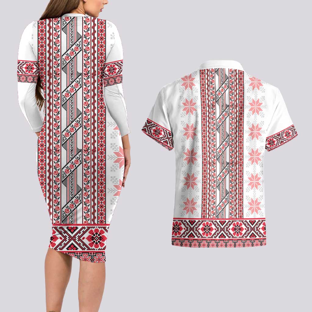 Ukraine Couples Matching Long Sleeve Bodycon Dress and Hawaiian Shirt Traditional Braided Rope Belt Red Folk Pattern