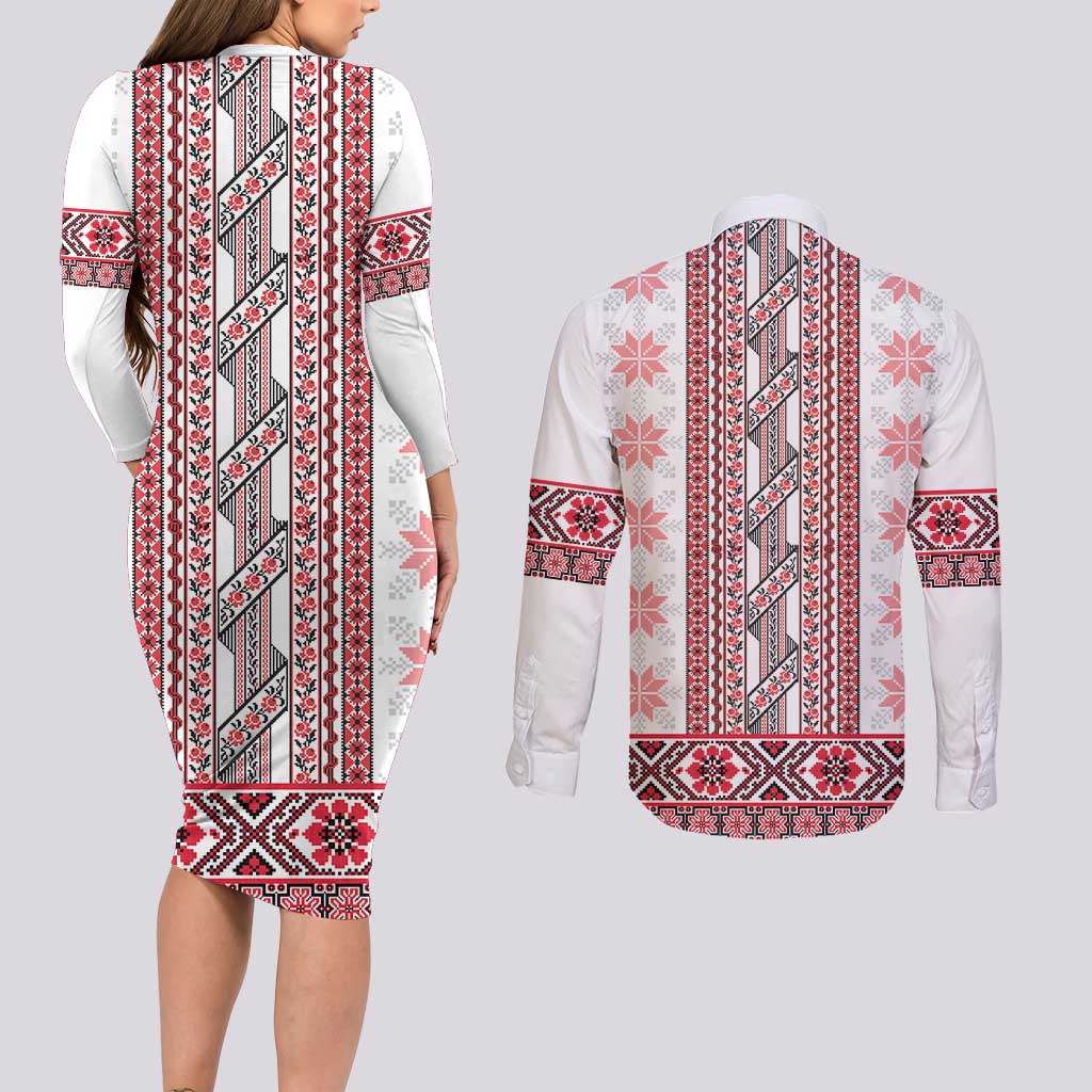 Ukraine Couples Matching Long Sleeve Bodycon Dress and Long Sleeve Button Shirt Traditional Braided Rope Belt Red Folk Pattern