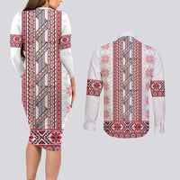 Ukraine Couples Matching Long Sleeve Bodycon Dress and Long Sleeve Button Shirt Traditional Braided Rope Belt Red Folk Pattern