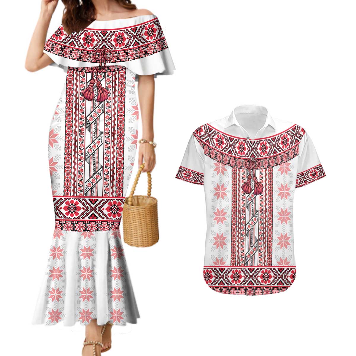 Ukraine Couples Matching Mermaid Dress and Hawaiian Shirt Traditional Braided Rope Belt Red Folk Pattern