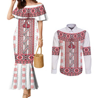 Ukraine Couples Matching Mermaid Dress and Long Sleeve Button Shirt Traditional Braided Rope Belt Red Folk Pattern