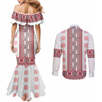 Ukraine Couples Matching Mermaid Dress and Long Sleeve Button Shirt Traditional Braided Rope Belt Red Folk Pattern