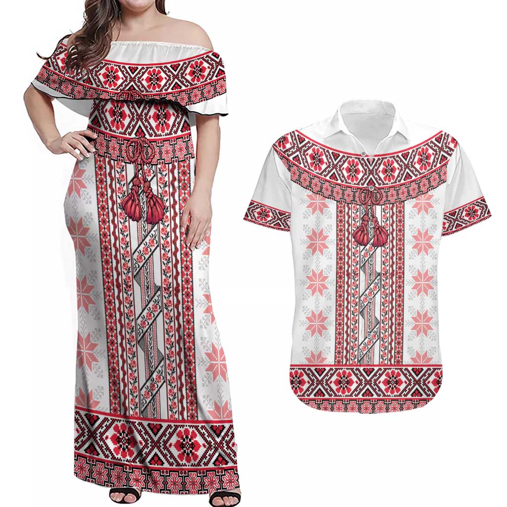 Ukraine Couples Matching Off Shoulder Maxi Dress and Hawaiian Shirt Traditional Braided Rope Belt Red Folk Pattern