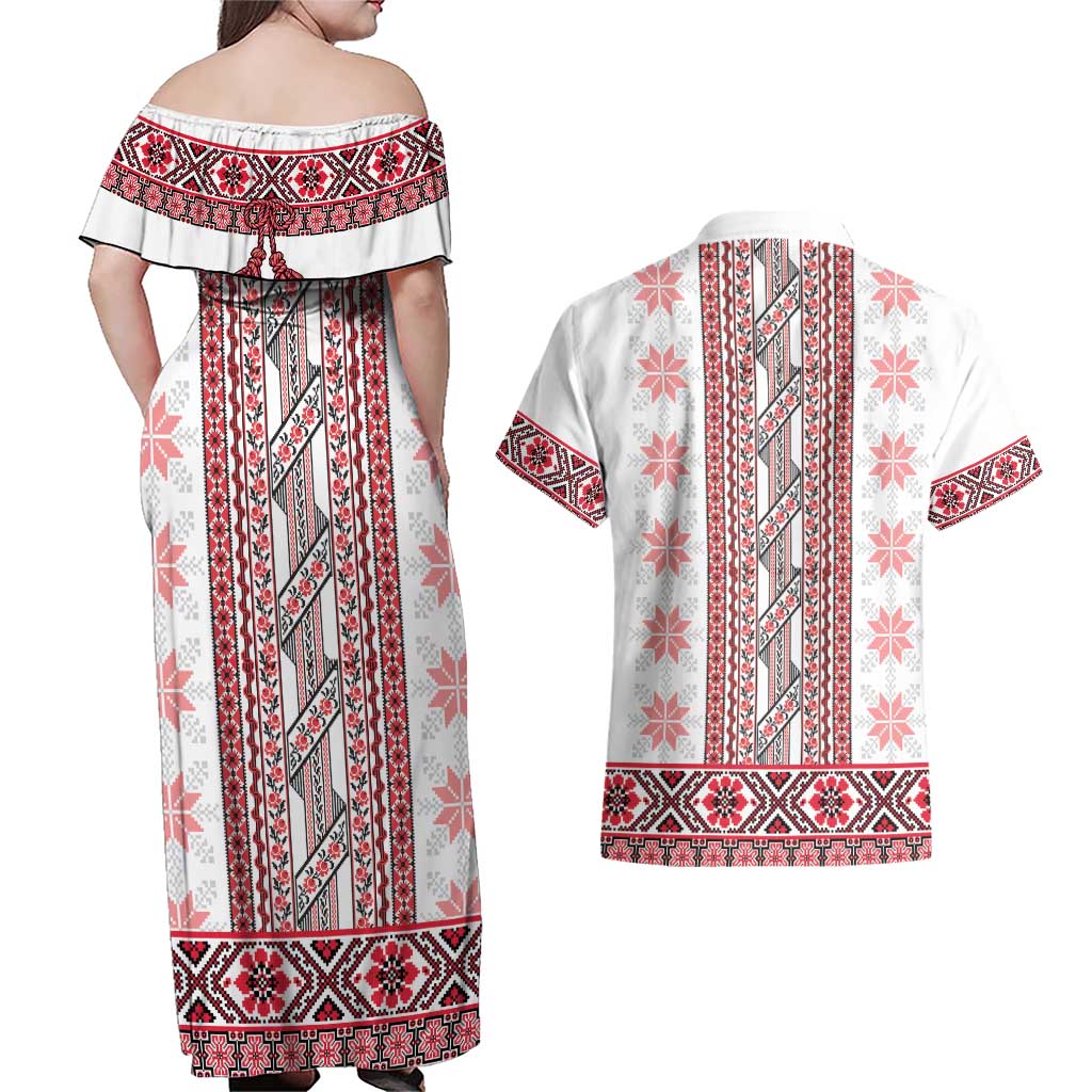 Ukraine Couples Matching Off Shoulder Maxi Dress and Hawaiian Shirt Traditional Braided Rope Belt Red Folk Pattern