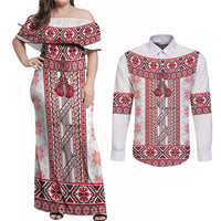 Ukraine Couples Matching Off Shoulder Maxi Dress and Long Sleeve Button Shirt Traditional Braided Rope Belt Red Folk Pattern