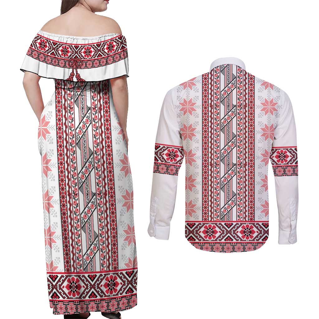 Ukraine Couples Matching Off Shoulder Maxi Dress and Long Sleeve Button Shirt Traditional Braided Rope Belt Red Folk Pattern