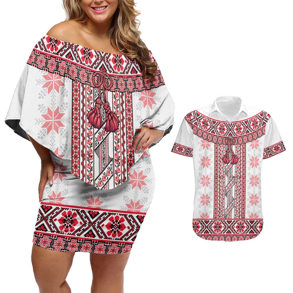 Ukraine Couples Matching Off Shoulder Short Dress and Hawaiian Shirt Traditional Braided Rope Belt Red Folk Pattern