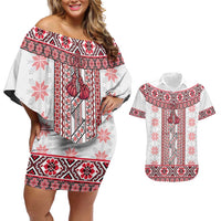 Ukraine Couples Matching Off Shoulder Short Dress and Hawaiian Shirt Traditional Braided Rope Belt Red Folk Pattern